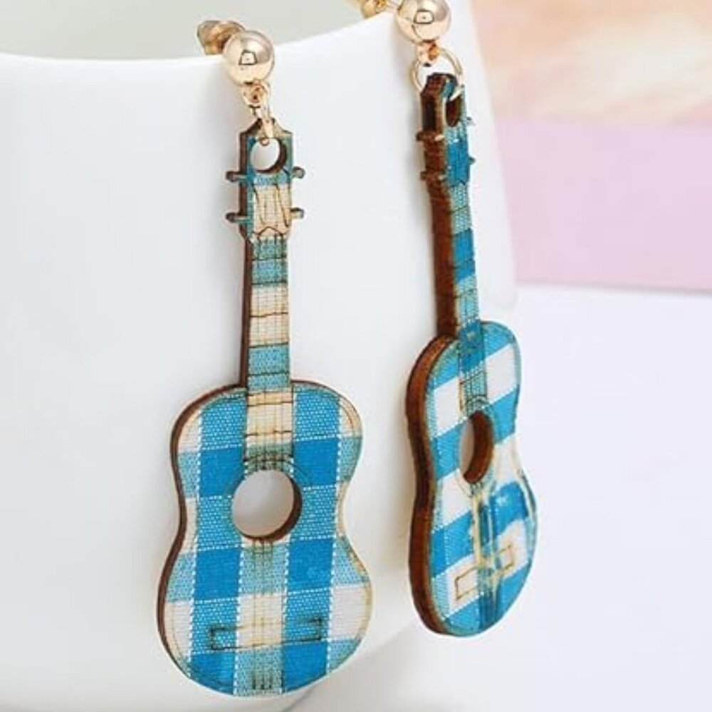Earrings - Vintage Style Wood Guitar Dangle Drop Stud  - Blue White Plaid